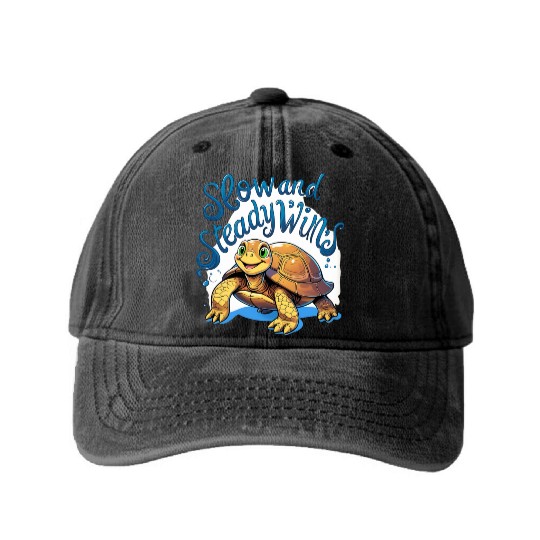 Whimsical Turtle with Confident Message Washed Denim Baseball Caps