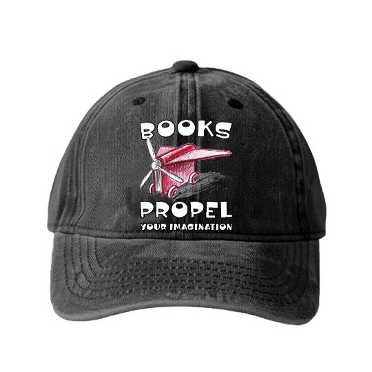 Books Propel Your Imagination Sketchy Airplane Washed Denim Baseball Caps