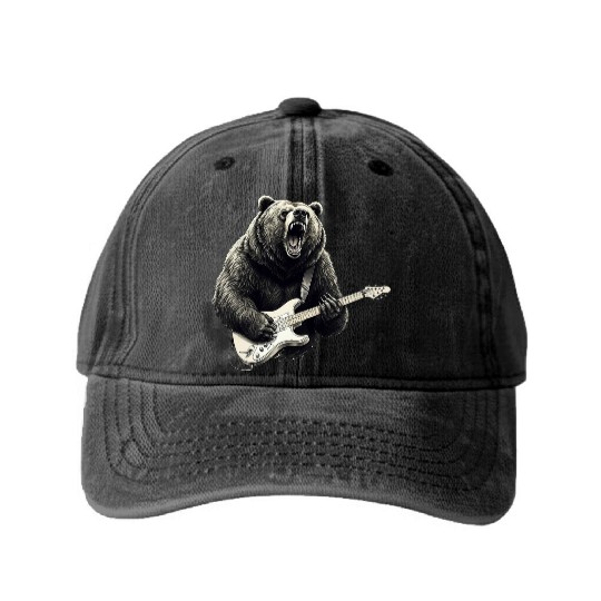 Mens Rock and Roll Bear Electric Guitar Music Band Washed Denim Baseball Caps