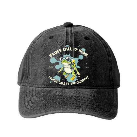 Diver Frog With Saying Home Meets Quarry Pond Washed Denim Baseball Caps