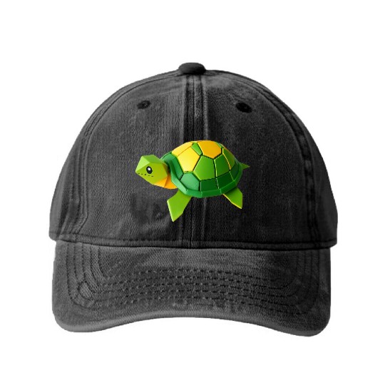 3D Origami Turtle Washed Denim Baseball Caps