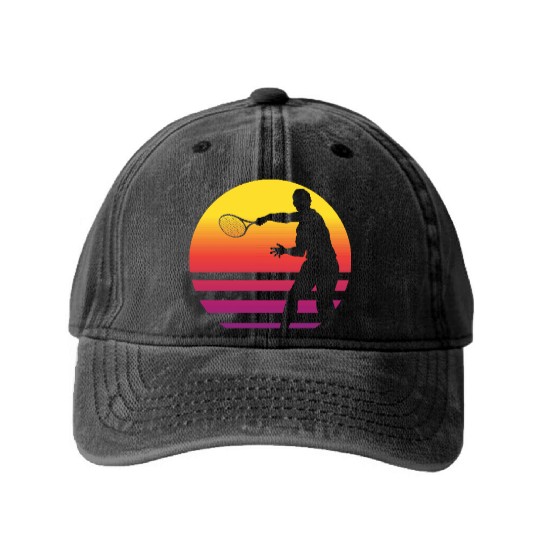 Retro Sunset Tennis Enthusiast Graphic Washed Denim Baseball Caps