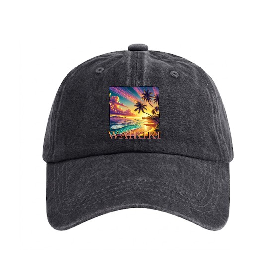 Waikiki Beach Sunset Palm Trees Sea Washed Denim Baseball Caps