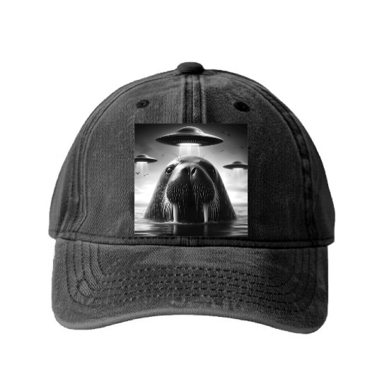 Walrus Sea lion Funny Graphic Selfie with UFOs Wei Washed Denim Baseball Caps