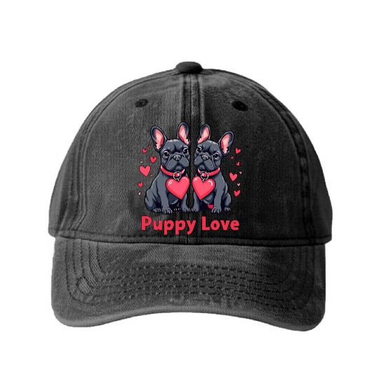 Valentines Day - Puppy Love French Bulldog Washed Denim Baseball Caps