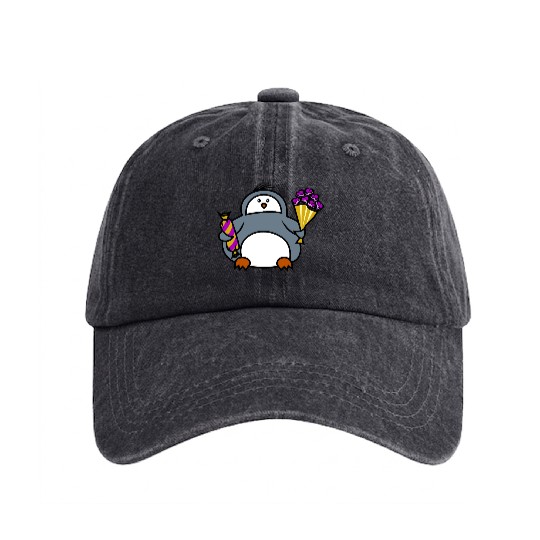 penguin with flowers and sweets Washed Denim Baseball Caps