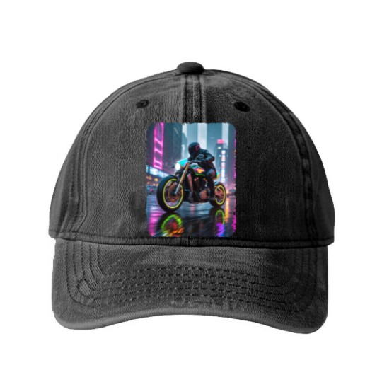 Motorcycle cyberpunk in city Washed Denim Baseball Caps