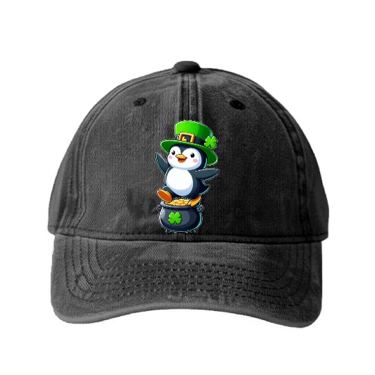 St. Patrick's Day penguin top hat clover Washed Denim Baseball Caps