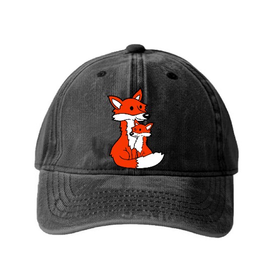 2 Foxes Mother Red Fox Small Child Father Mother Washed Denim Baseball Caps