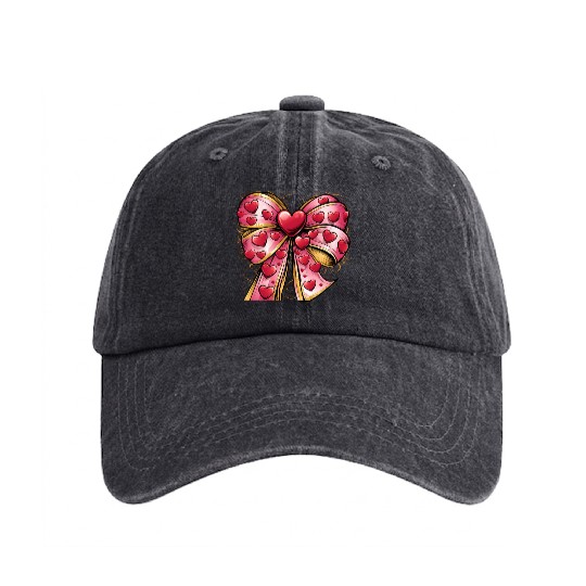 Valentine day Heart Coquette bow Bowtiful Arrangem Washed Denim Baseball Caps