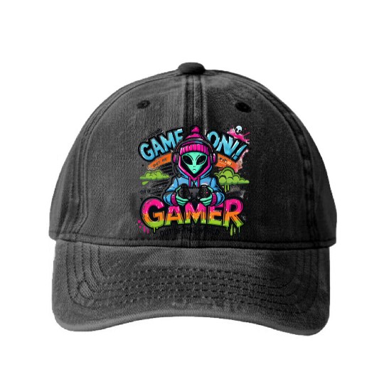 Alien Gamer" - Sci-Fi Gaming Design Washed Denim Baseball Caps