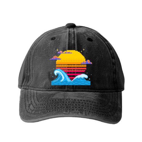 Pixel Sunset Horizon Washed Denim Baseball Caps