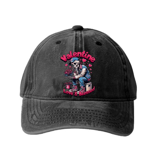 Valentine Skeleton Love & Blessed Streetwear Desig Washed Denim Baseball Caps