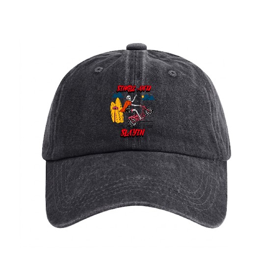 Single and Slayin - Skeleton Valentine Washed Denim Baseball Caps