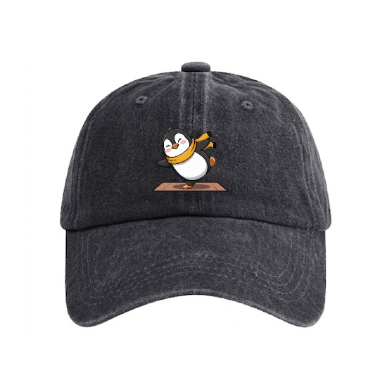 Cute Penguin Doing Yoga with Yellow Scarf Washed Denim Baseball Caps