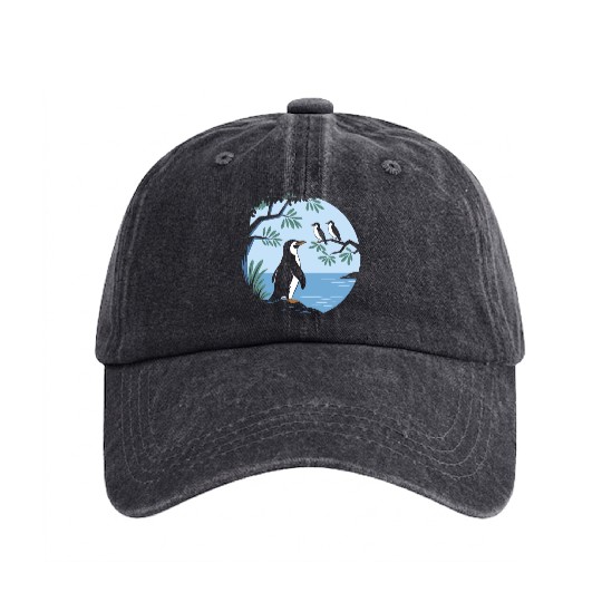 Birdwatching Penguins Nature Scene Washed Denim Baseball Caps