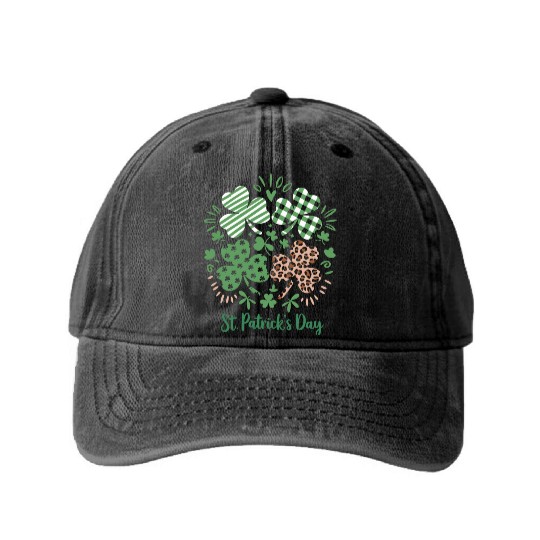 Plaid Leopard Print Shamrock St. Patrick's Day Washed Denim Baseball Caps