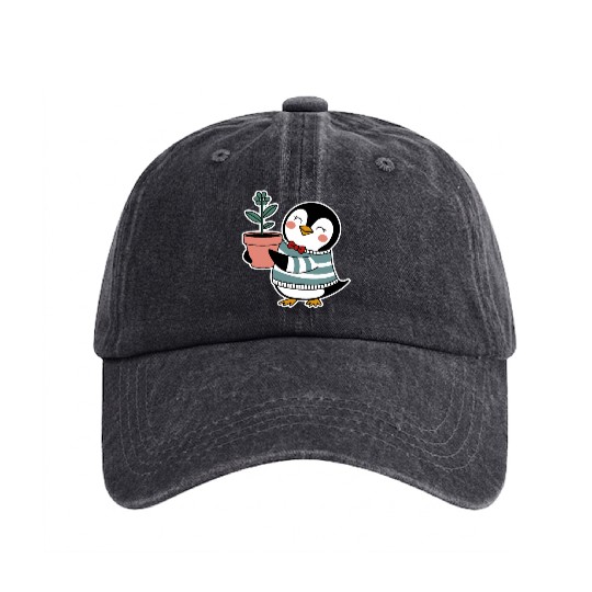 Gardending Gardener Penguin with Plant Pot Washed Denim Baseball Caps