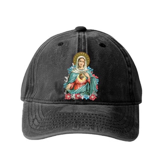 Immaculate Heart of Mary Blessed Mother Catholic Washed Denim Baseball Caps