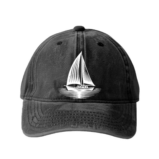 Sailboat In Calm Sea On The Horizon Washed Denim Baseball Caps