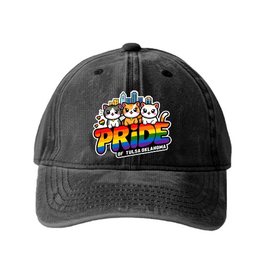 Pride of Tulsa City Oklahoma USA Rainbow Flag Washed Denim Baseball Caps