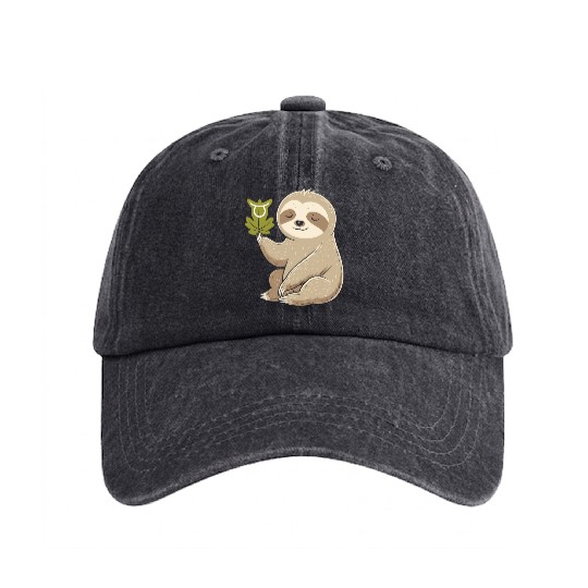 Taurus Zodiac Sloth with Leaf Symbol Serenity Washed Denim Baseball Caps