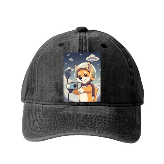 Funny Dog Rescue Anime Selfie with UFOs Weird Washed Denim Baseball Caps