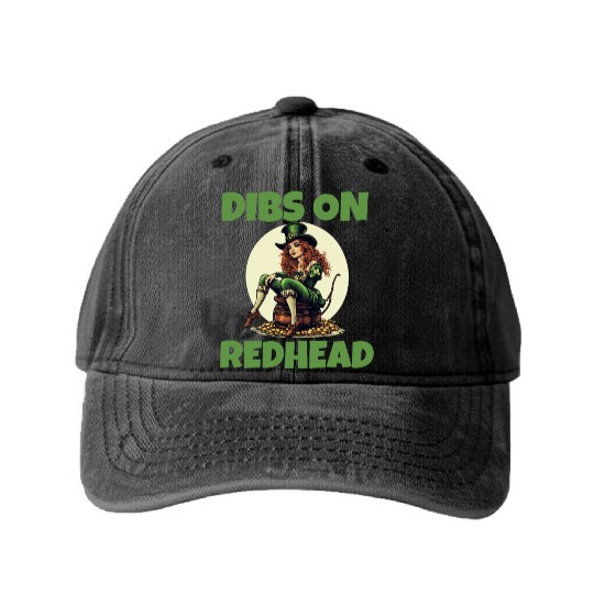 Funny Irish St Patricks Shamrock Dibs On Redhead Washed Denim Baseball Caps
