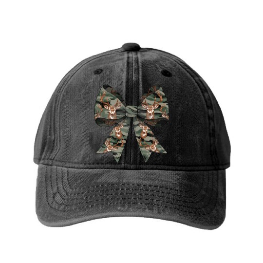 Coquette Bow Deer Hunting Hunter Camouflage Ribbon Washed Denim Baseball Caps