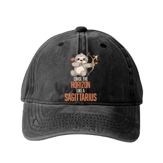Chase The Horizon Like A Sagittarius Zodiac Sloth Washed Denim Baseball Caps