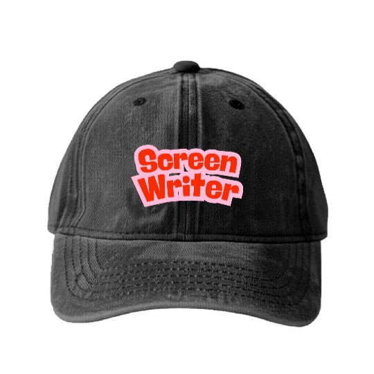 Screen Writer Red Text with Pink Border Washed Denim Baseball Caps