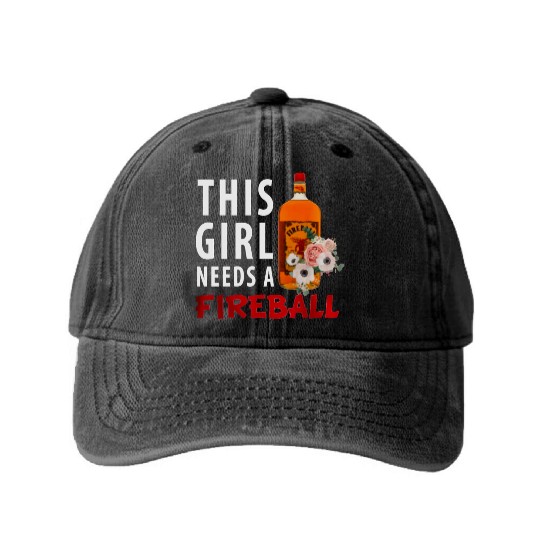 This Girl Needs A Fireball Washed Denim Baseball Caps