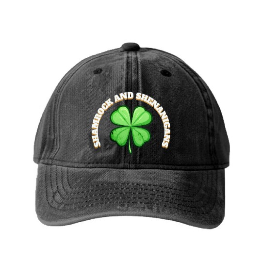 Shamrock and Sheninanigans 4-Leaf Clover Graphic Washed Denim Baseball Caps