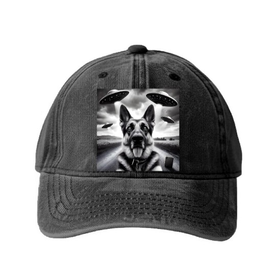 German shepherd Gsp Funny Graphic Selfie UFOs Weir Washed Denim Baseball Caps