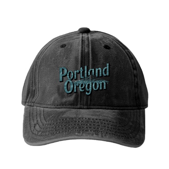Portland Oregon Scenic Typography with Mountain Washed Denim Baseball Caps