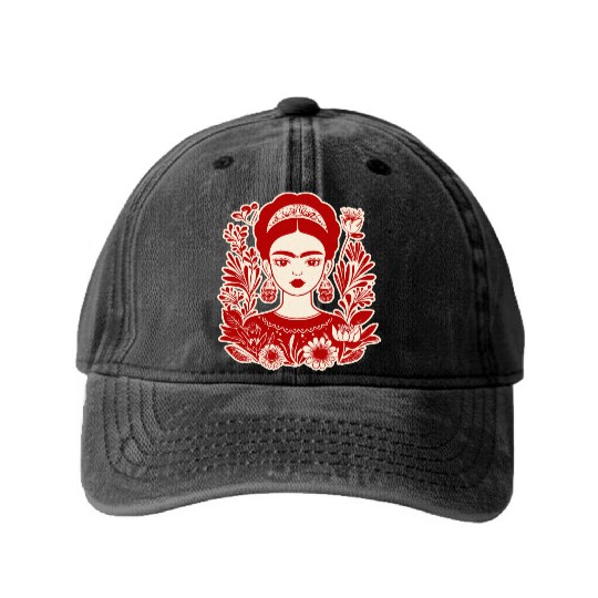 Frida Kahlo Illustration Feminist Art Washed Denim Baseball Caps