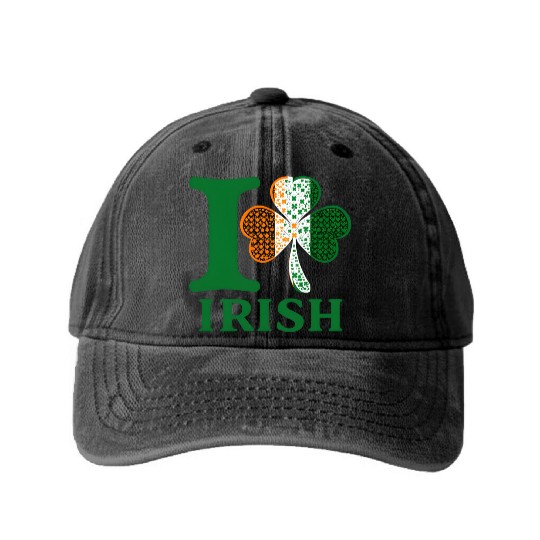 I Love Irish – Shamrock Clover Irish Flag Design Washed Denim Baseball Caps