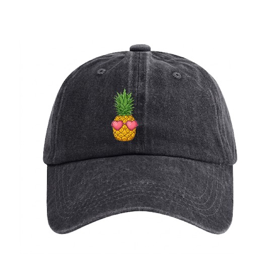 A cute pineapple with heart-shaped sunglasses. Washed Denim Baseball Caps