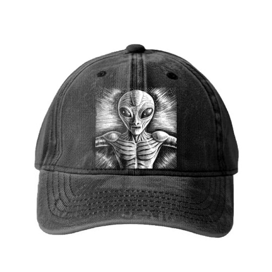 Grey Alien Engraving Washed Denim Baseball Caps