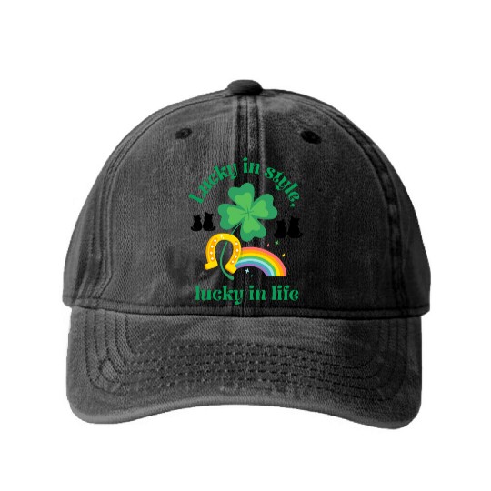 Everything Black Cat Shamrock Irish Luck in Style Washed Denim Baseball Caps