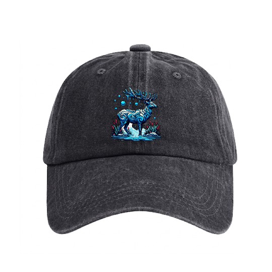 Majestic Blue Deer in Enchanted Forest Washed Denim Baseball Caps