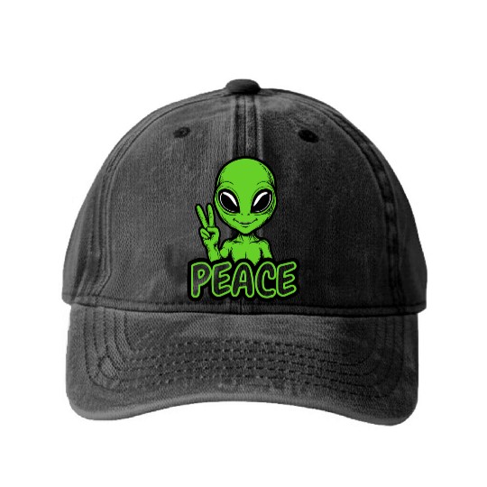 Grey Alien Peace Washed Denim Baseball Caps