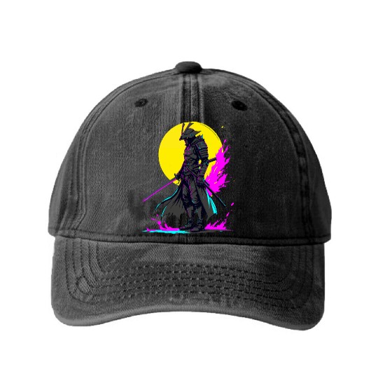 Cyberpunk Samurai Warrior Neon Art Design Washed Denim Baseball Caps