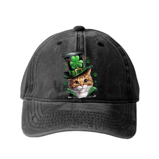 Irish Cat Shamrock St Patricks Day Washed Denim Baseball Caps