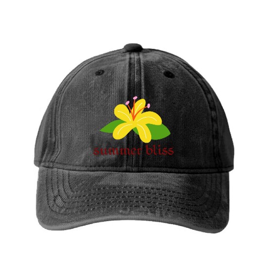 Bright Yellow Summer Blossom Design Washed Denim Baseball Caps