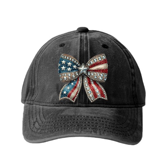 Patriotic Rhinestone Bow Washed Denim Baseball Caps