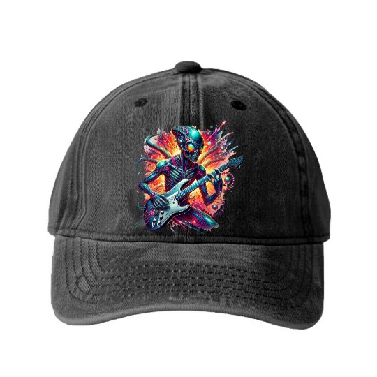 Alien playing guitar with rainbow background Washed Denim Baseball Caps