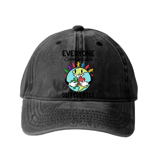 Everyone Communicates Differently Smiling Earth Washed Denim Baseball Caps
