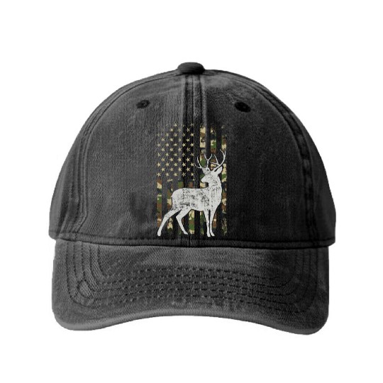 Whitetail Buck Deer Hunting American Camouflage Washed Denim Baseball Caps