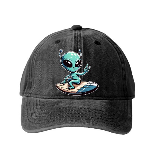 Alien UFO surfer beach summer vacation board Washed Denim Baseball Caps